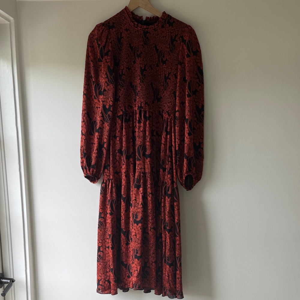 Wilfred Rust Floral Long-Sleeve Midi Dress with Black Print